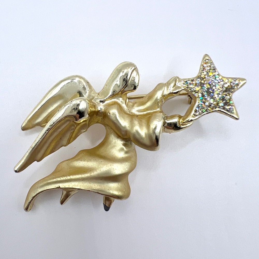 Giusti Vintage Gold Tone Angel Brooch Glitter Star Celestial Pin Christmas